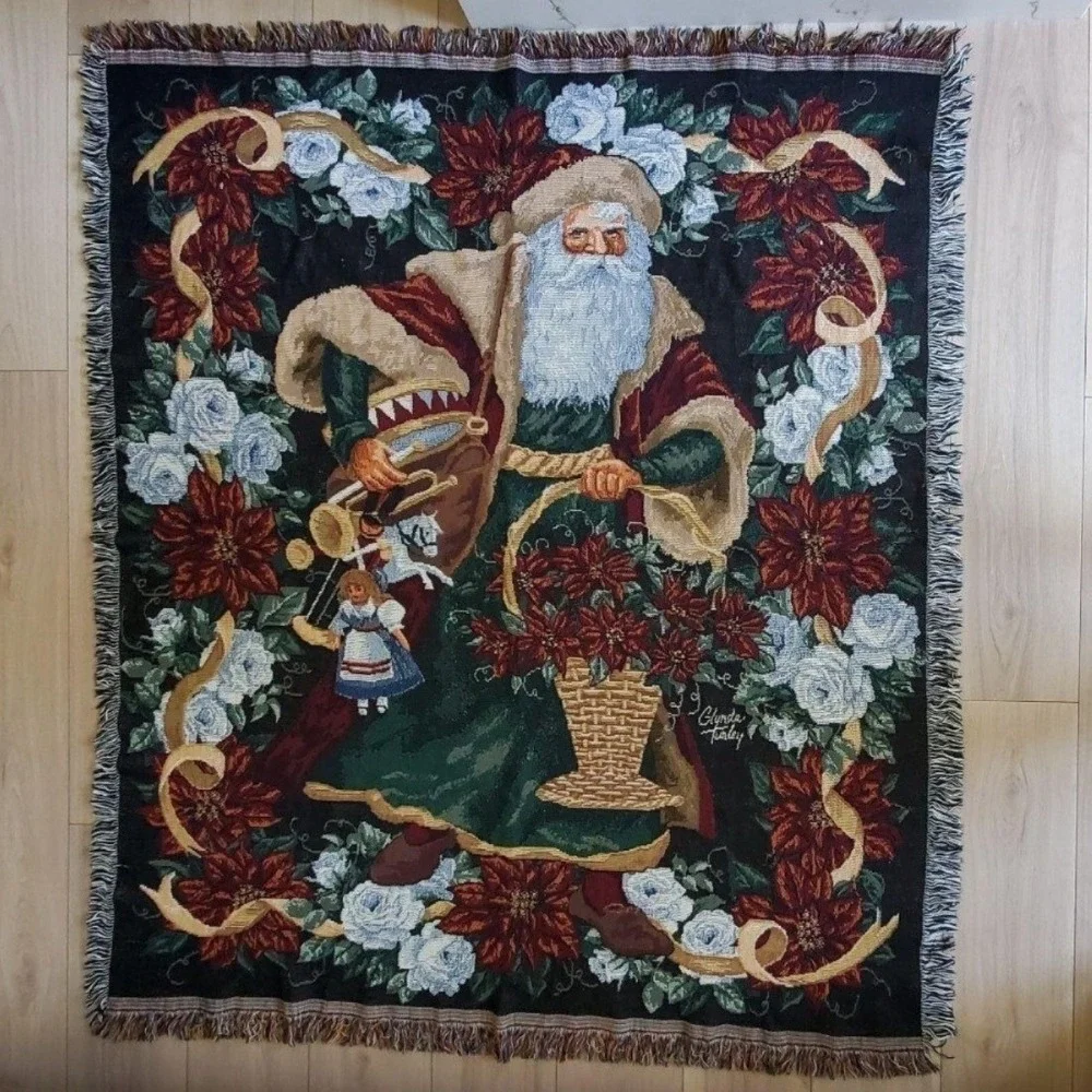 Vintage Tapestry Throw Blanket 50x60 Santa Claus Christmas Glynda Turley USA